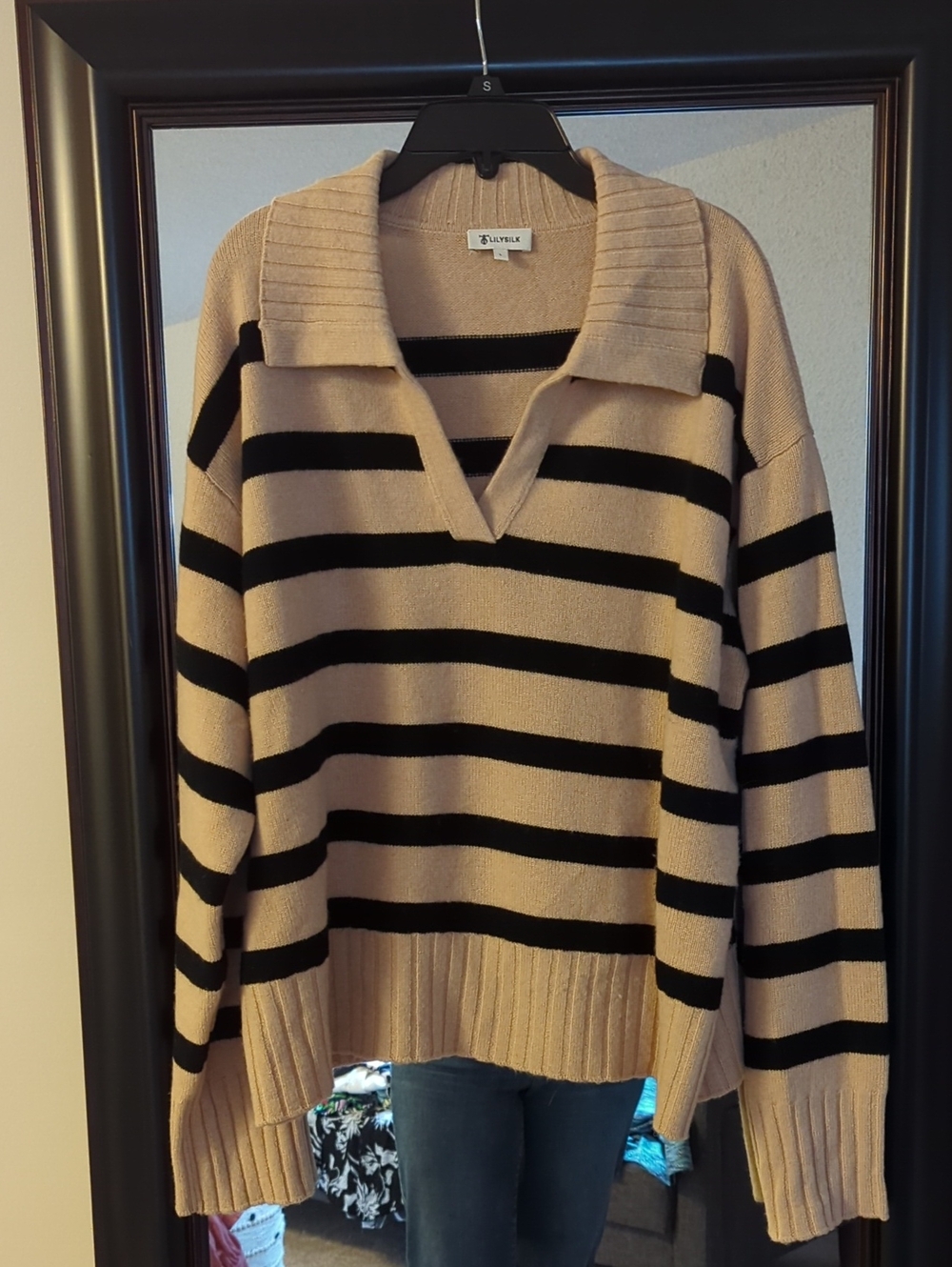 Lily Silk Gilly Beige and Black Striped 100% Wool Collared Sweater